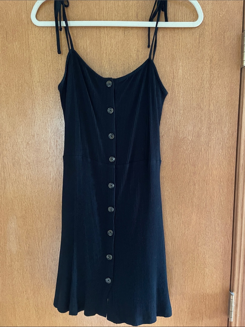 Topshop Black Ribbed Button-Front Mini Dress with Tie Straps
